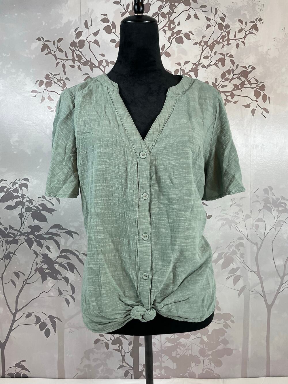 Davina Top Front Tie Button Sage Green Short Sleeve 0X Casual Cottage
